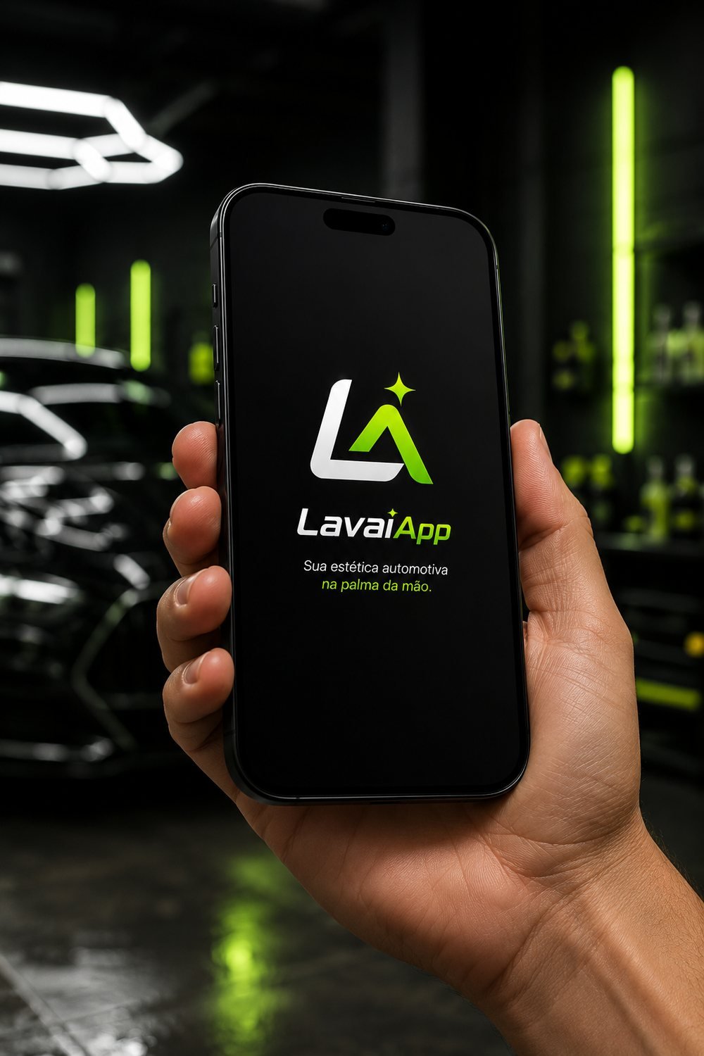 Celular na mão mostrando a tela inicial do LavaíApp